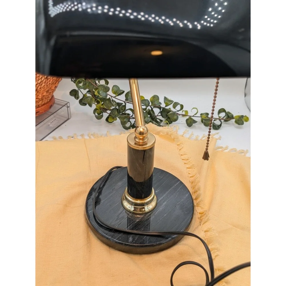 Vtg Black Bankers Desk  Lamp, Heavy Marble Base & Shaft Pull Chain Library